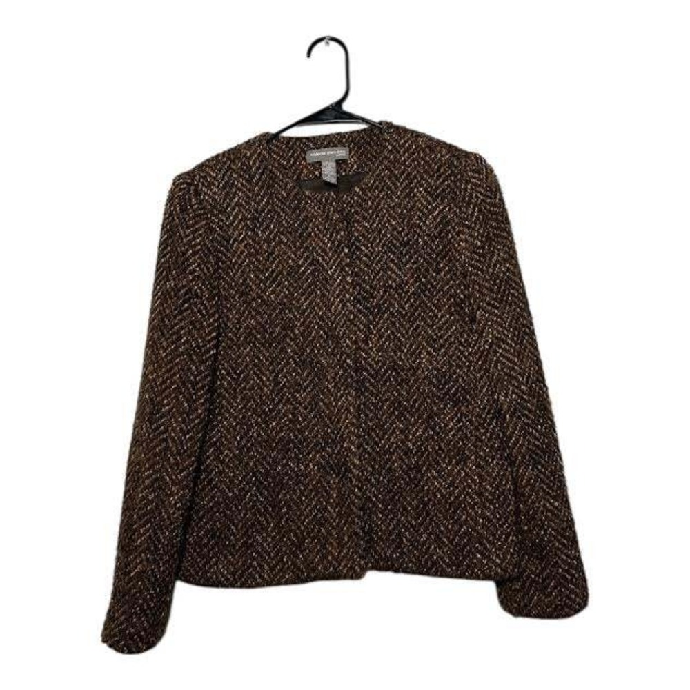 Valerie Stevens Petite Womens Wool Herringbone Blazer Jacket Brown Gold Size 8P